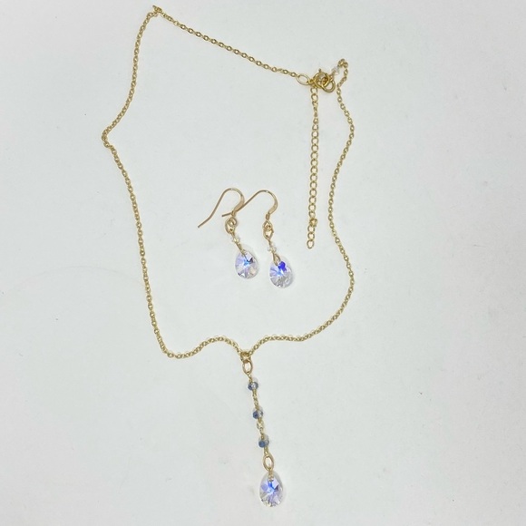 Gold filled adjustable choker necklace w/ aurora borealis crystal + earrings - Picture 5 of 8